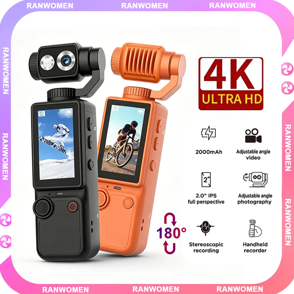 4K 울트라 HD 포켓 액션 카메라 180 °   회전 가능한 2인치 화면 WiFi 스포츠 카메라, 브이로그 여행 야외 활동 기록용 스탠드 포함