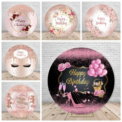 Rose Pink Golden Glitter Happy Birthday Party Round Backdrop Cover Customized Adult Birthday Circle Photography Background Props