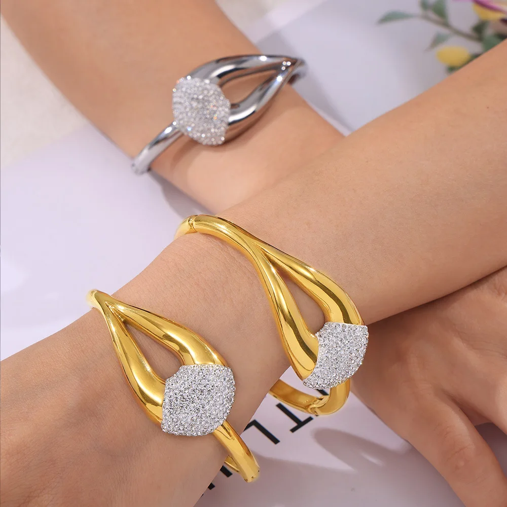 Pulseira Redonda de Aço Inoxidável para Mulheres, Pulseira Strass, Jóias Impermeável, Cor Dourada e Prata, Pulseira de Casamento, Novo