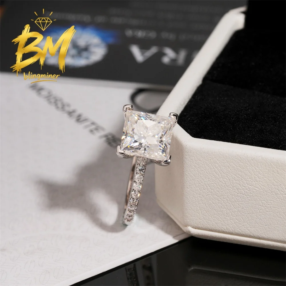 Blingminer Princess Cut 4CT VVS Moissanite Rings Engagement Wedding Women S925 Silver Finger Jewelry Pass Diamonds Free Shipping