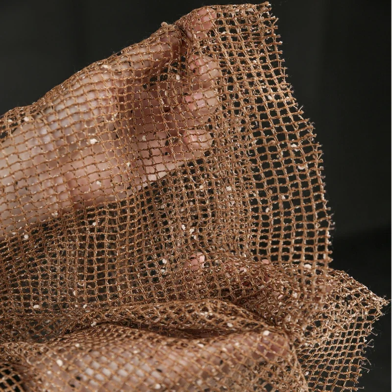 Brown Caramel Texture Particle Mesh Fabric Reconstructed Fish Mesh See Through Yarn Dress Clothing Designer Fabric