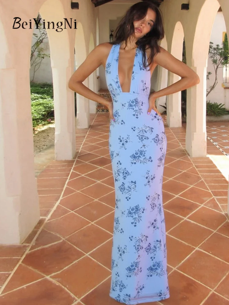 Beiyingni verão halter vestidos longos para mulher impresso sexy sem costas verão férias bodycon maxi vestido feminino profundo v vestidos