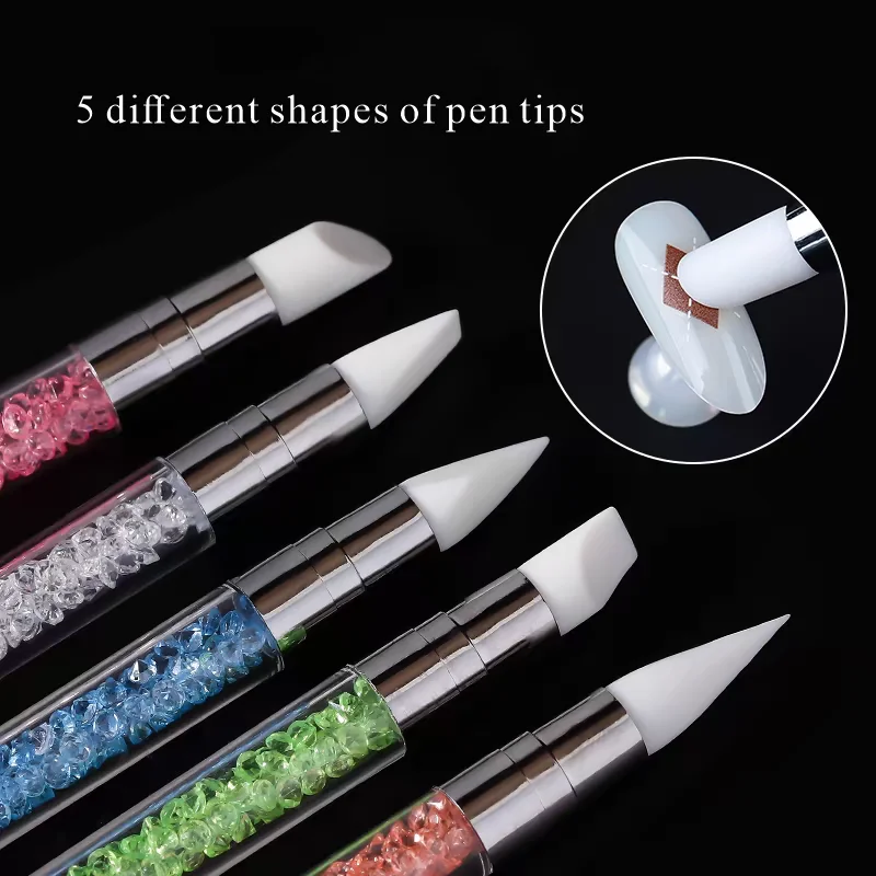 5-Piece Nail Art Multifunctional Double Headed Silicone Pen Set, Silicone Head Carving Pen and Powder Embossing Stick Pen