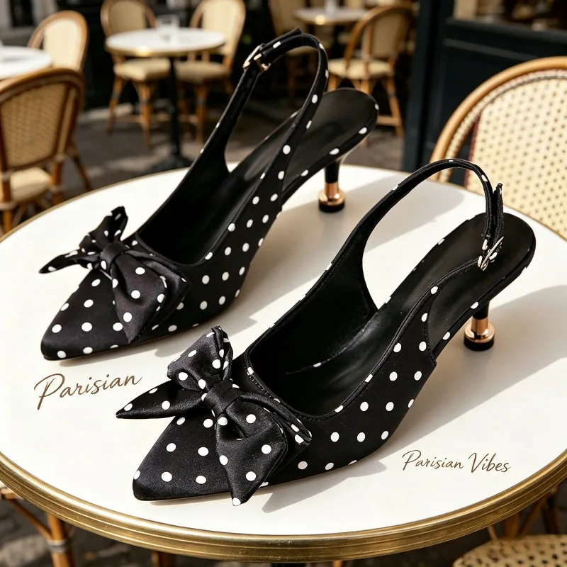 

Women's Polka Dot High Heels Sandals 2026 Summer Bowtie Decor Kitten Heeled Sandals Woman Pointed Toe Slingback Party Shoes