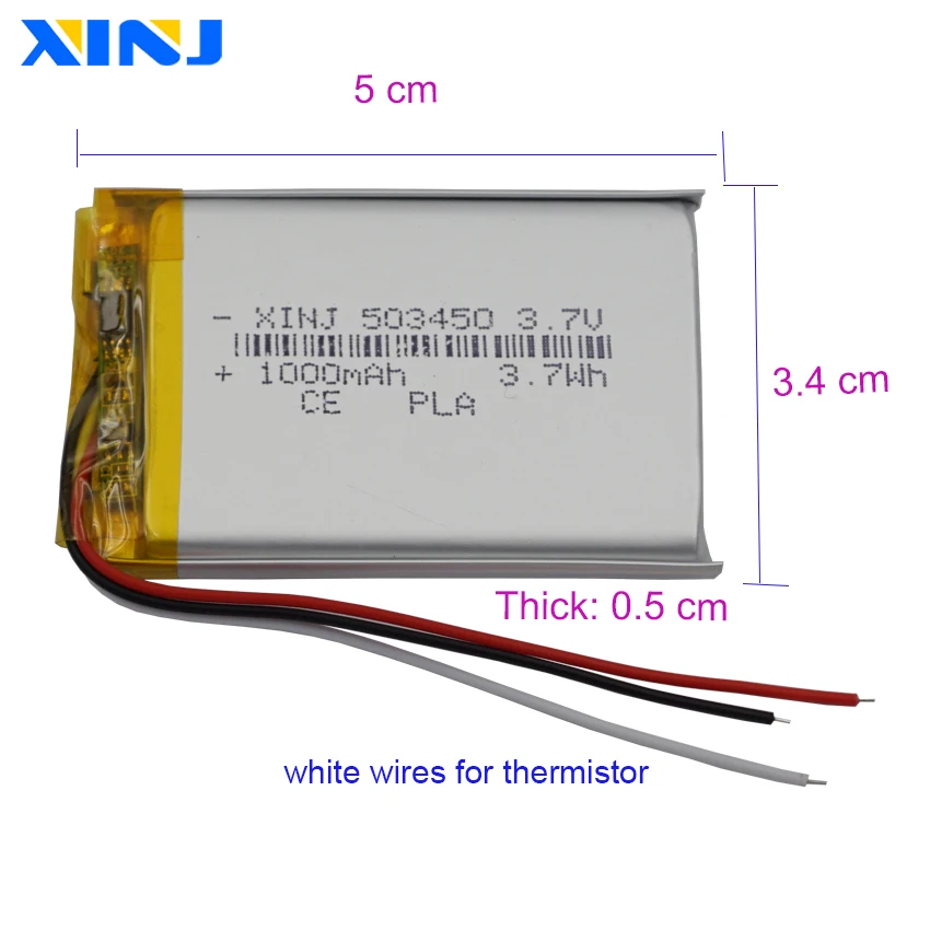 3.7V 1000mAh 3.7Wh Termistor 3-przewodowy akumulator litowo-polimerowy Li 503450   Głośnik Bluetooth do odtwarzacza muzycznego