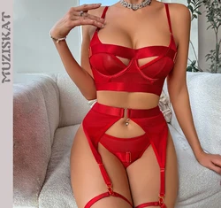 MUZISKAT Spring New Ladies Sexy Lingerie Complex Craft See-Through Mesh Hollowing Body Shaping Erotic Four-Piece Set Onlyfans