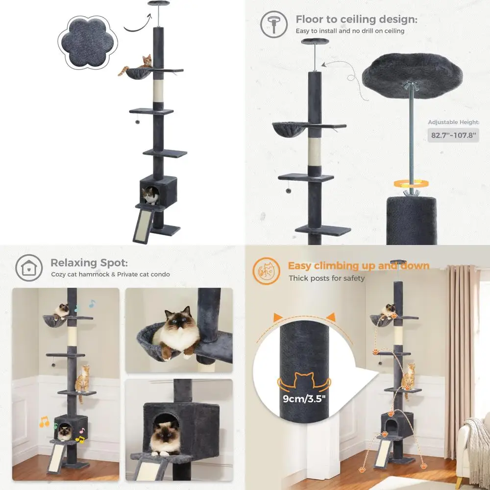 Adjustable Height 5-Level Cat Tower with Scratching Post and Top Perches for Spacious Play