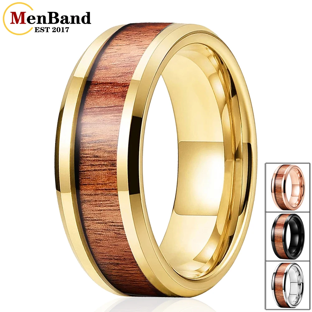 

MenBand Fashion 8MM Vintage Men Women Tungsten Wedding Band Ring Hawaiian Koa Wood Inlay Beveled Edges Polished Comfort Fit