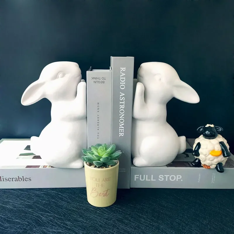 Modern Rabbit Ceramic Bookend, Pure White Durable Display, High-Fired Book Holder, Minimalist Design, Whimsical Book Stand