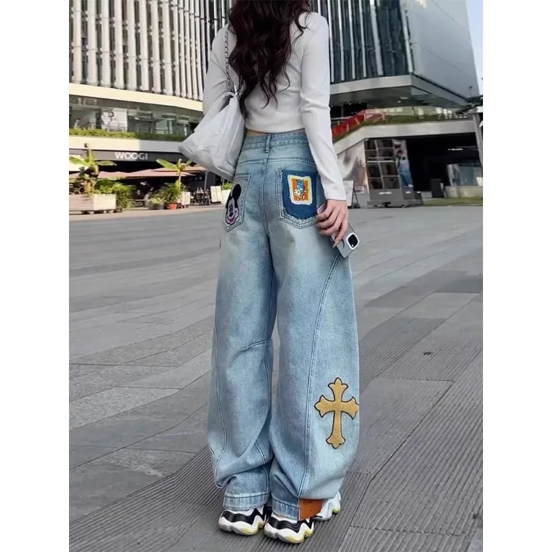 

Women's Western Style Cartoon Mickey Mouse Applique Embroidery Jeans New Trendy Banana Wide Leg Straight Curved Machete Pants