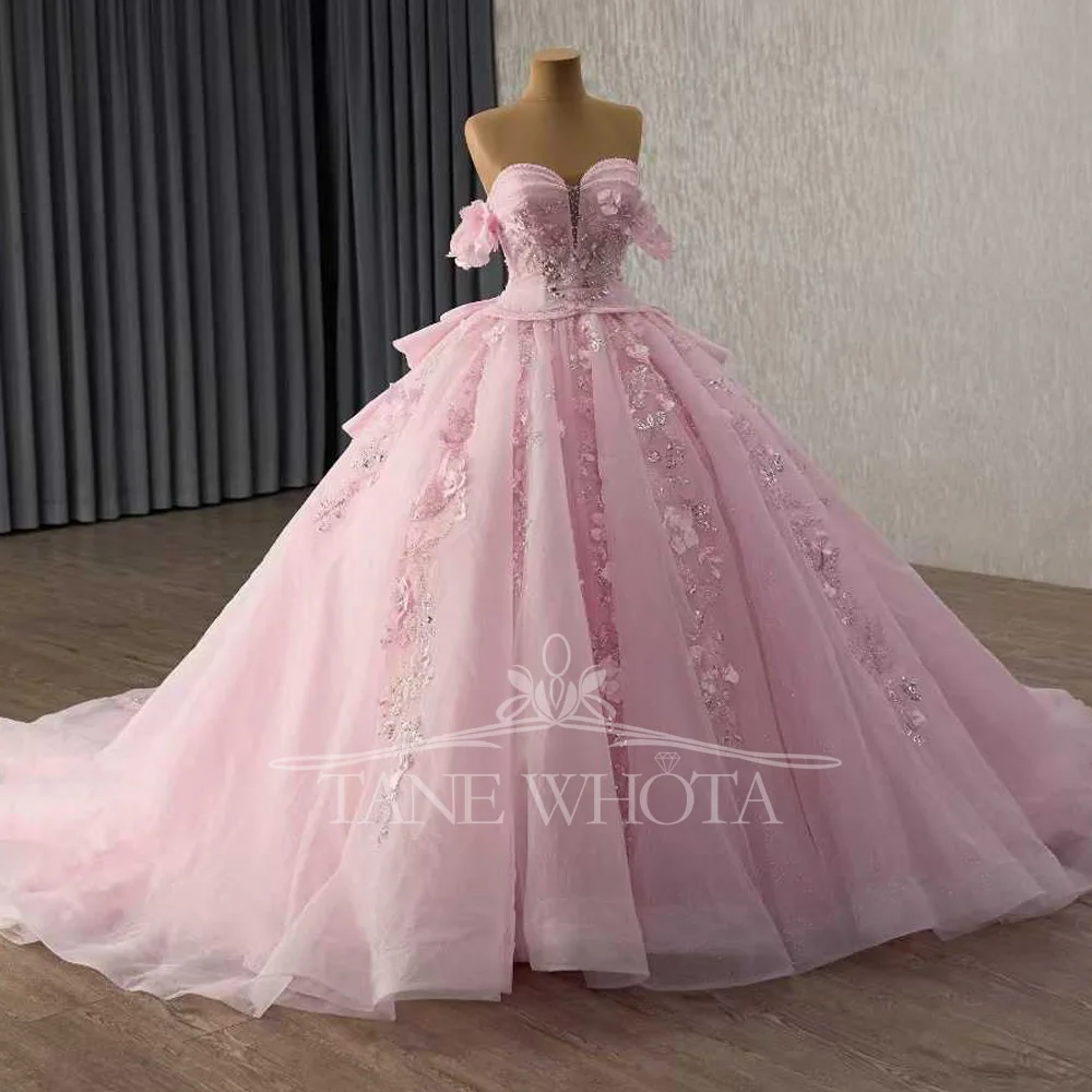 Pink Sweetheart Off The Shoulder Quinceanera Dress With Lace-Up Back Appliques Beading Sequined Vestido De 15