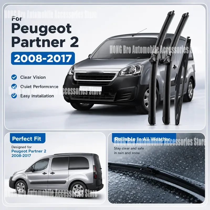 For Peugeot Partner 2 Front Rear Wiper Blades Set 2008-2017 Windshield Windscreen Wipers 26 16 14 Inch Auto Accessories