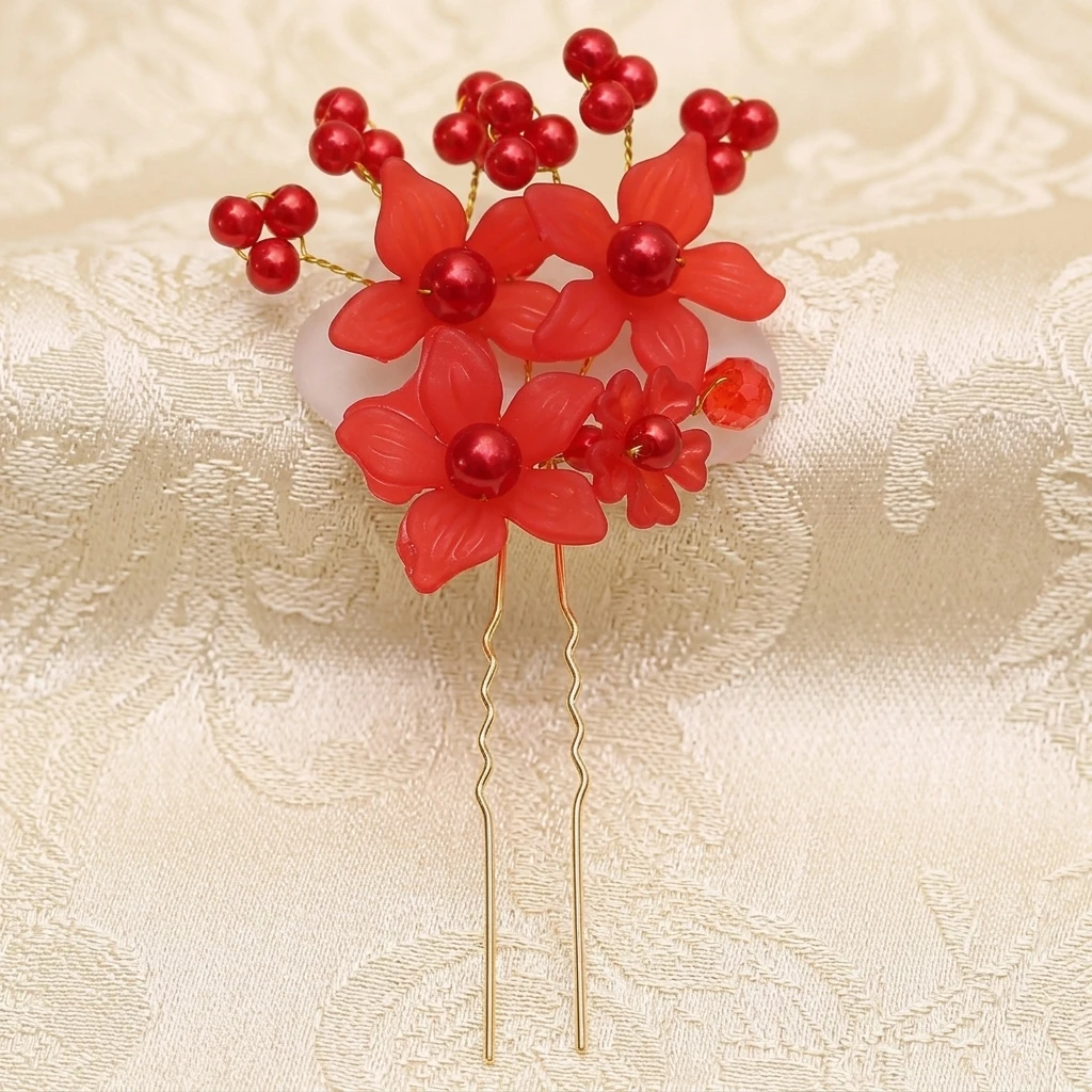 Peigne à cheveux de mariage chinois rouge mat avec perles – Accessoire festif élégant pour mariées et événements traditionnels