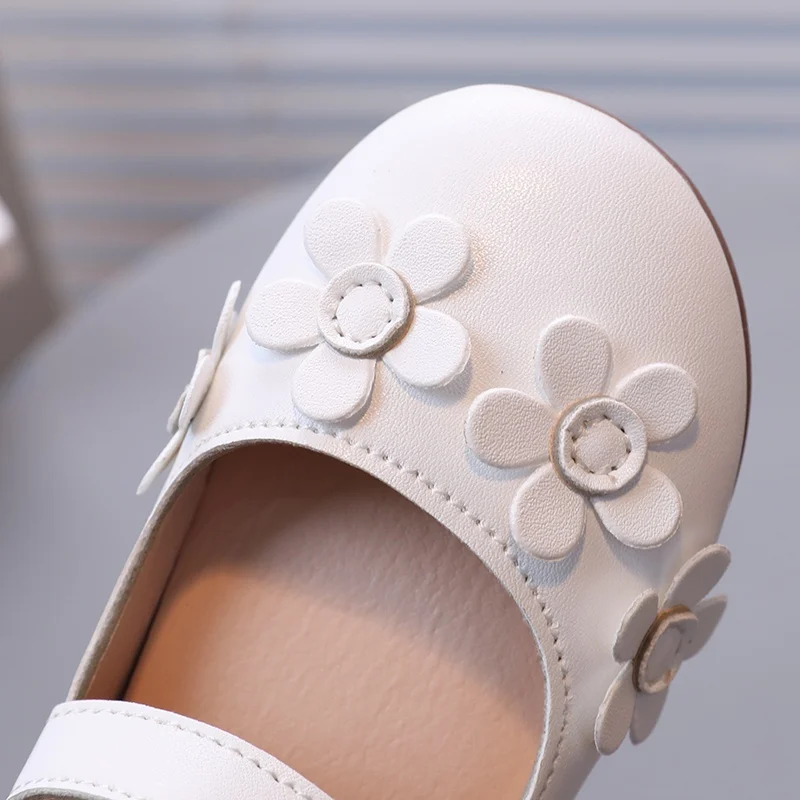 3-6 Years Kids Girls Leather Shoes Soft Bottom Non-Slip Solid Flower Decoration Nylon Clasp Spring Summer Children Casual Flats