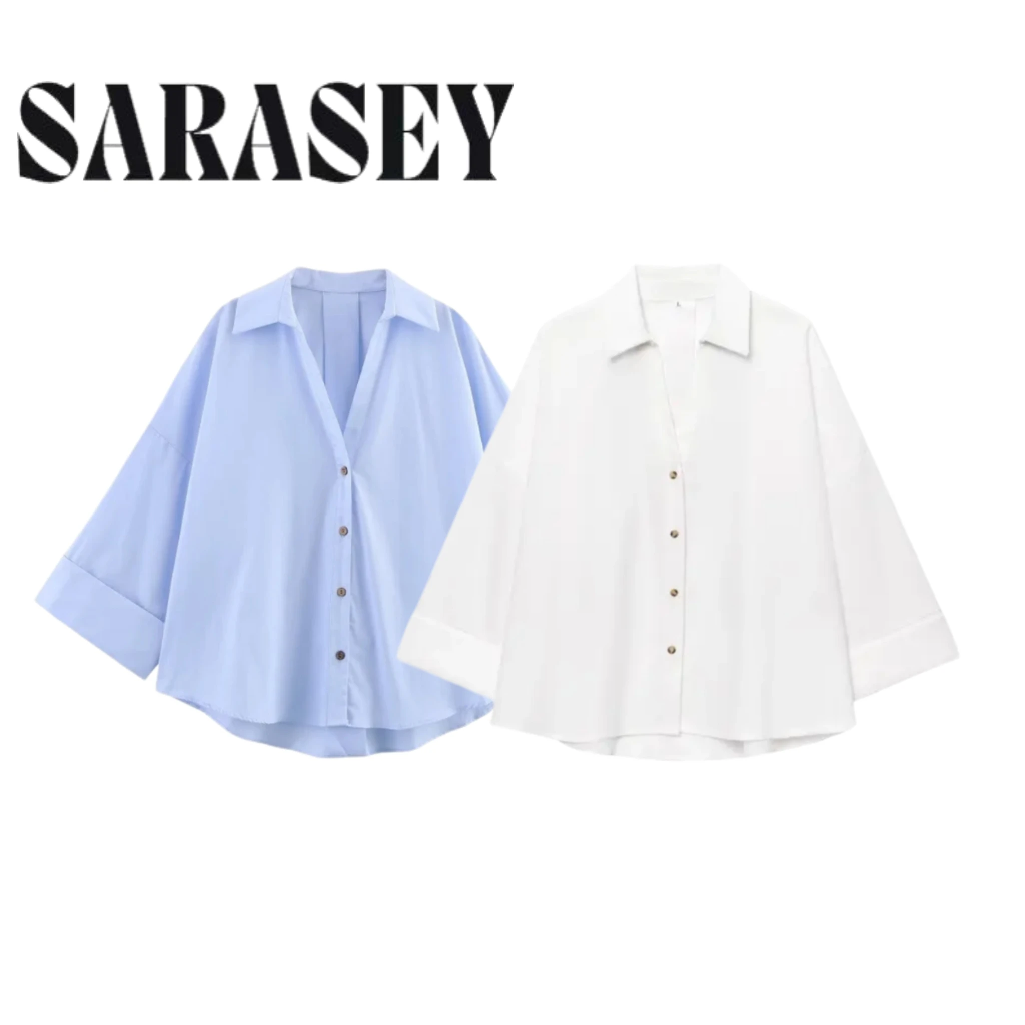 

2025 Chemise Strass Femme Women Summer Fashion New Blended Wide Sleeve Shirt Unique V Neck Joker Button Loose Top Blue Blouses