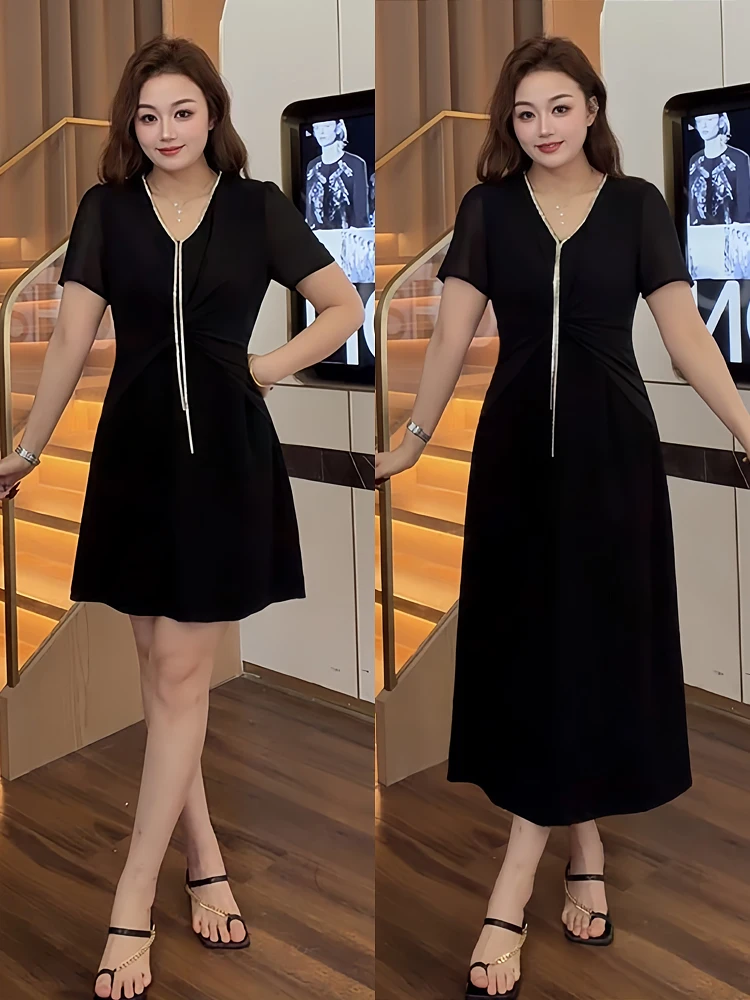 

Black V-Neck Diamond Short Sleeve Dress Women's Elegant Simple Style A-Line Skirt High Waist Design Summer New Fashion Dress