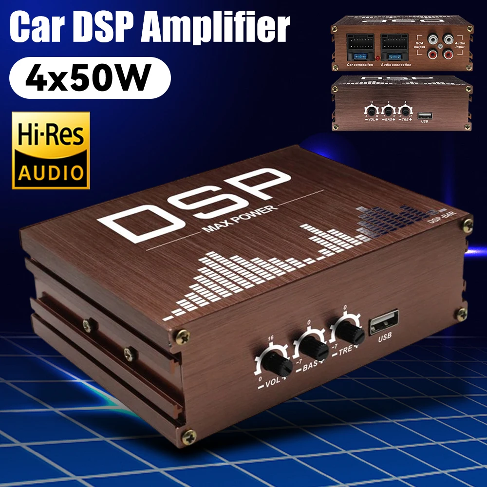 

Автомобильный усилитель мощности DSP 4x50 Вт, цифровой аудиопроцессор DSP для автомобиля с поддержкой управления через приложение, автомобильный усилитель DSP, автомобильные аксессуары