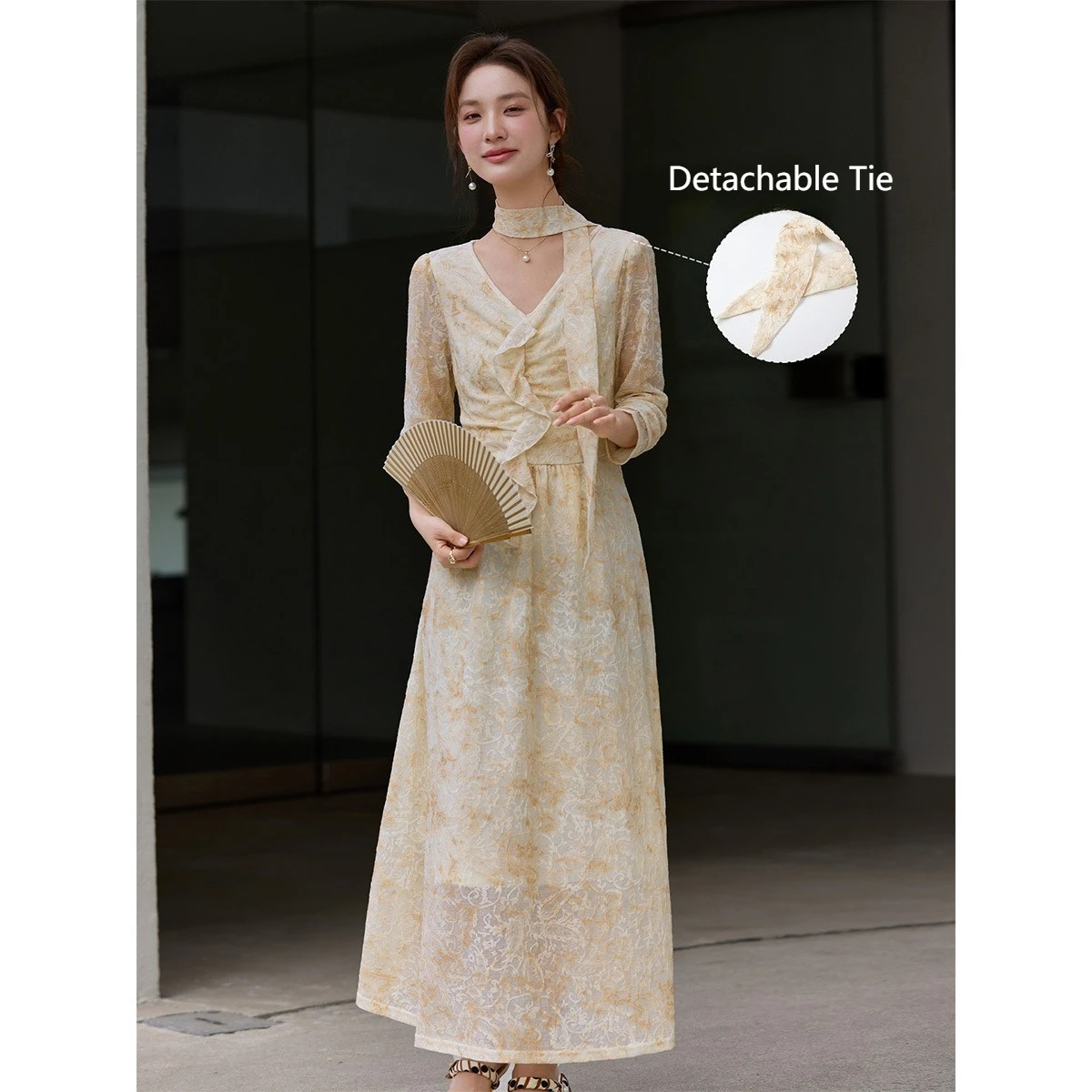 VIMLY Ribbon V-neck Long Dress Women Autumn 2026 New Ruffled Floral Tea-length Dress Elegant Long Sleeve Dresses Female 30759