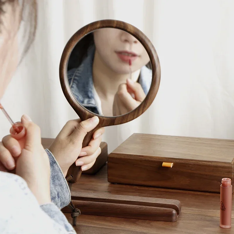 Solid Wood Hand-Held Cosmetic Mirror Portable Vanity Mirror Fashion Simple Hand-Held Princess Mirror Qixi Gift