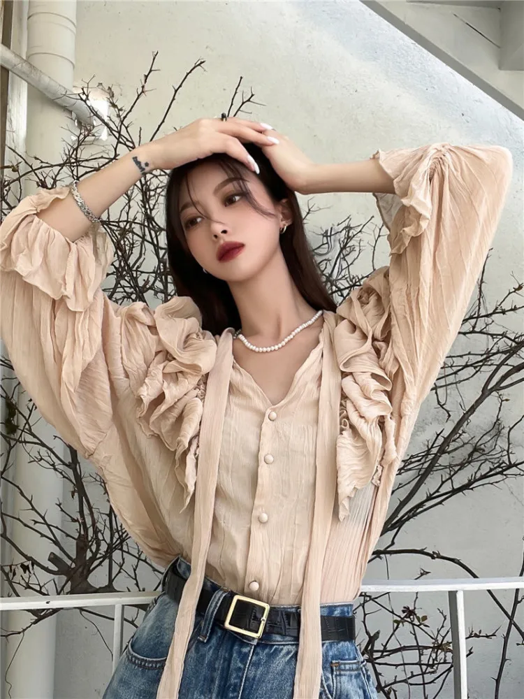 Women Vintage V Neck Ribbon Blouse 2022 New Female Spring Summer Single Breasted Ruffles Full Sleeve Shirts Elegant Tops