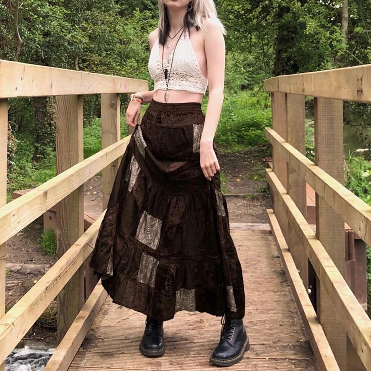 2000s Women\'s Clothing Trendy Aesthetic Long Patchwork Skirt, Adults Vintage Elegant Flower Print Pleated Skirt
