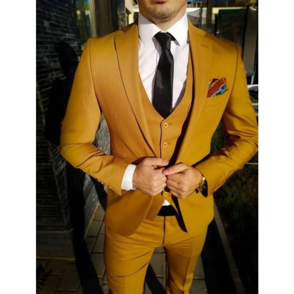 

Gold Men Suits 3 Piece Fashion Wedding Grooms Tuxedo Notch Lapel Single Button Business Casual Male Suit (Blazer+Vest+Pants)