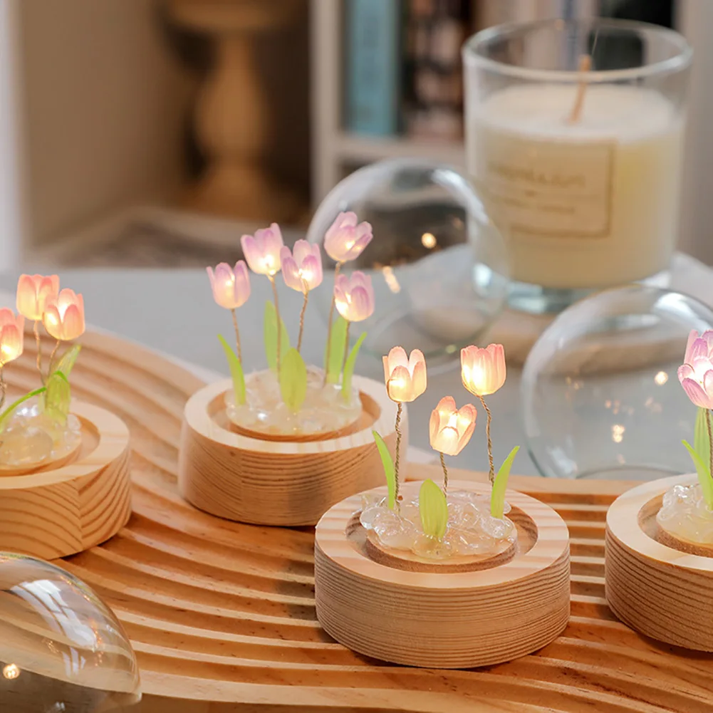 Tulip Flower Night Light With Glass Cover Handmade DIY Bedside Light LED Night Lamp Table Desk Lamp Bedroom Decor USB Mood Light