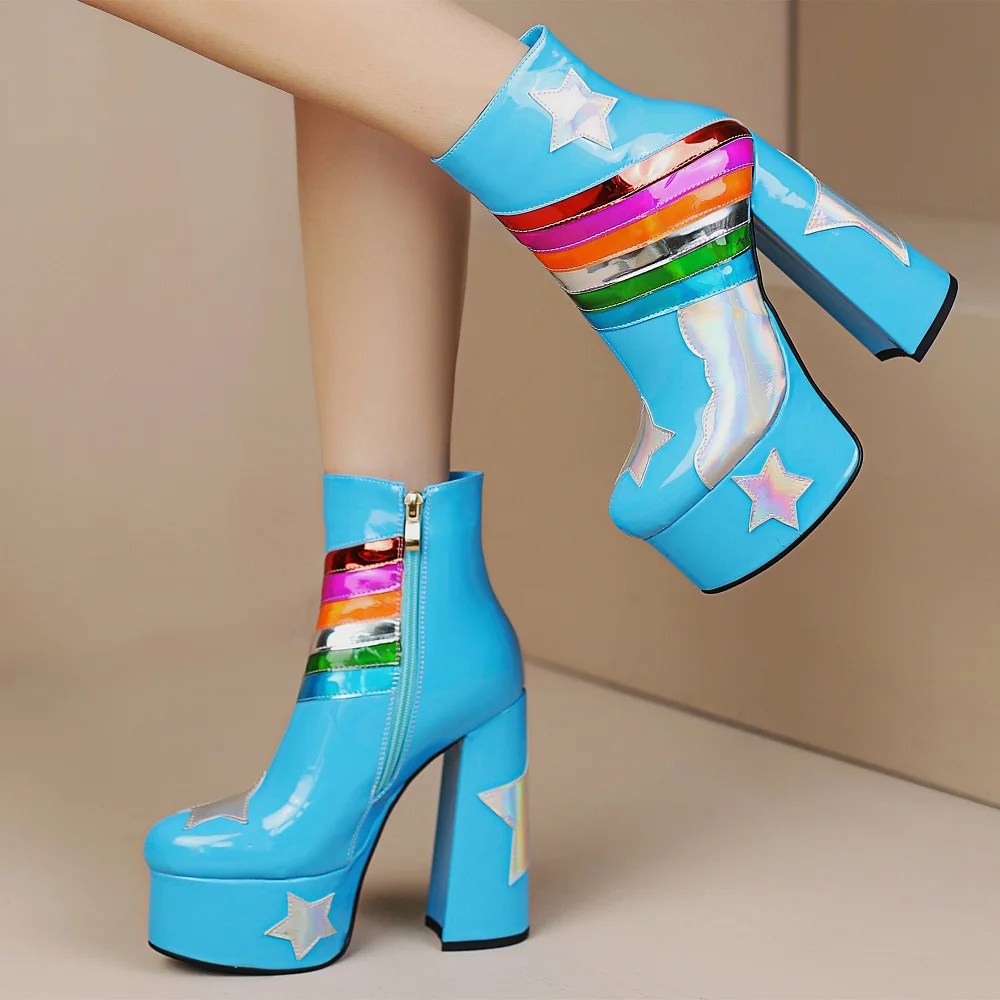 【JOCHEBED HU】Rainbow Super High Platform Short boots for Women Sky Clouds Thick Bottom Leather Long Designer Zipper Sexy 34-44