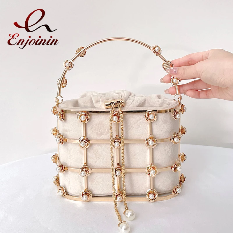 

Luxury Flower Pearl Basket Party Evening Clutch Bag Designer Women Purses and Handbags Metallic Chain Shoulder Bag Wedding Bag