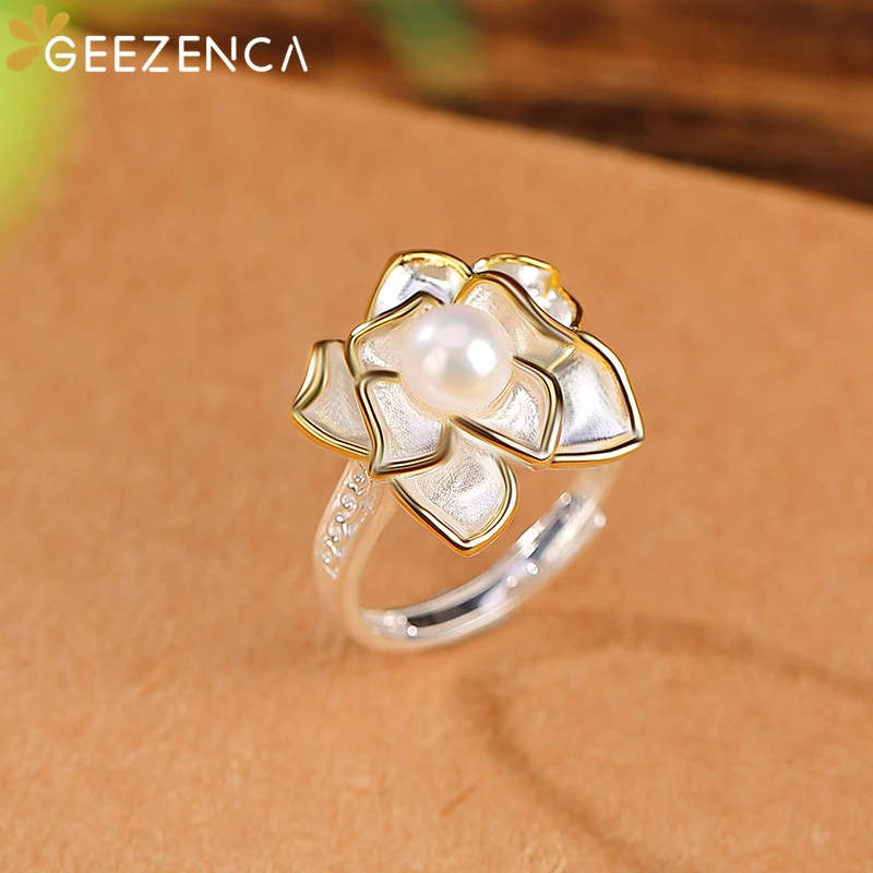 GEEZENCA Natural Freshwater Pearl 925 Silver Two Tone 3D Flower Ring For Women Aesthetic Camellia Chic Rings 2023 New Party Gift