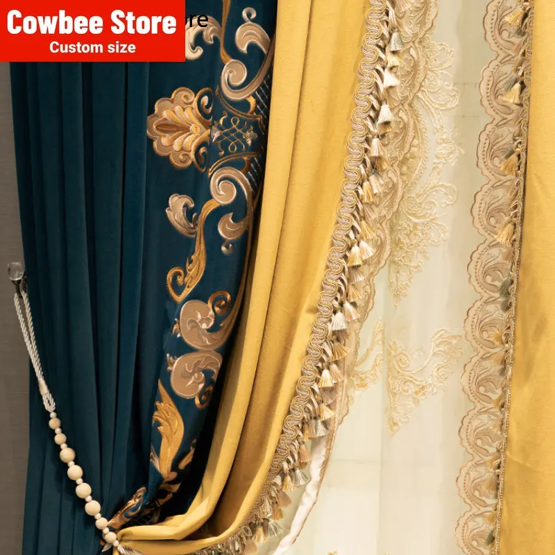 

Living room bedroom dining room blue cyan embroidery lace stitching velvet curtains Curtains for Living dining room bedroom