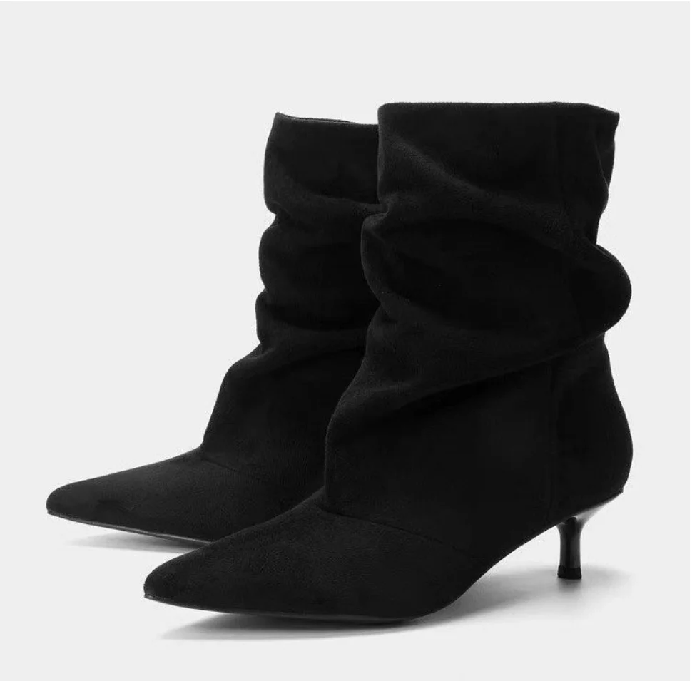 Autumn Winter Women Suede Pleated Kitten Heel Short Boots Retro Thin Heel Shoes Pointed Fashion Modern Ankle Boots Mujer Botas