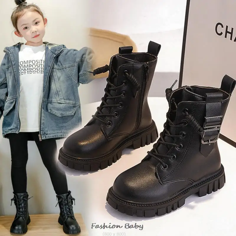 Princess Teens Girls Long Boots Spring Leather Flat Booties Single Winter Boots Metal Decoration Kids Botas Nina 26-36