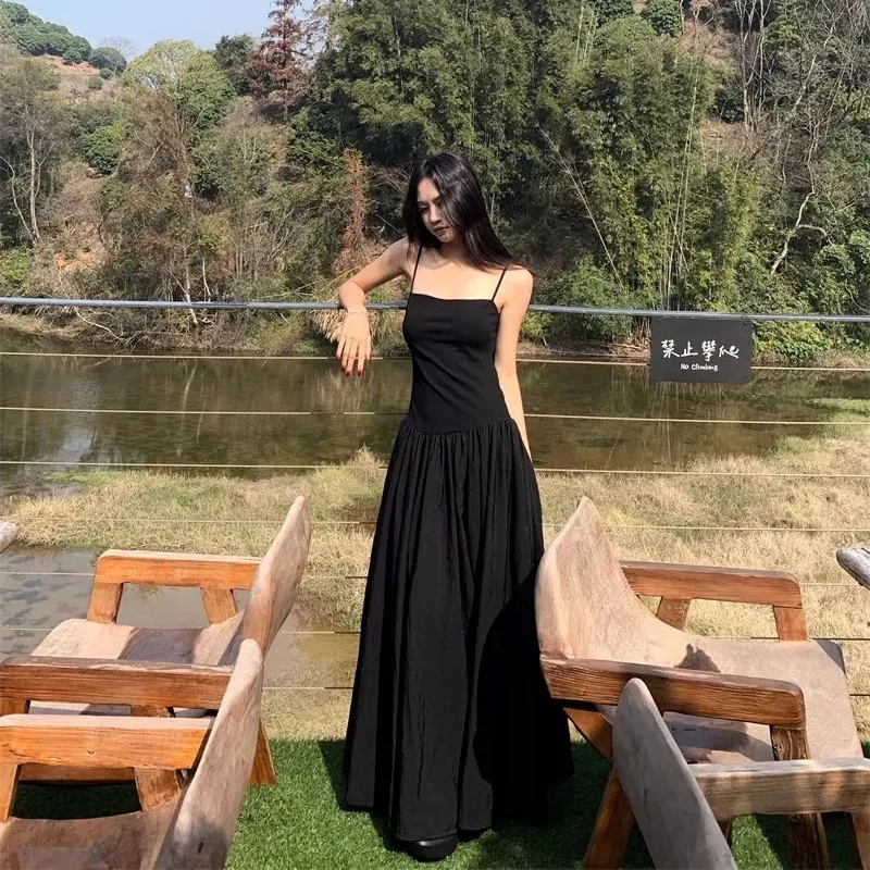 Elegant Hepburn Camis Dress for Women Summer Fashion Spaghetti Straps Midi Dress Y2K Aesthetic Holiday Black Vestidos Mujer