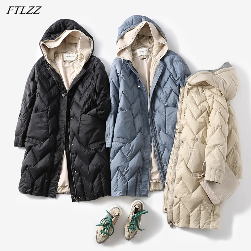 

FTLZZ Winter 90% White Duck Down Long Coat Knitting Splicing Hooded Warm Jacket Splicing Color Puffer Coat Casual Fit Outwear