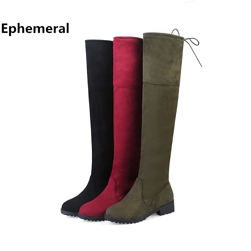 

Women Shoes With Zip Long Boots Over Knee Botas Femininas De Inverno Winter Fur Round Toe Low Heel Pumps Big Size 46 Back Knot