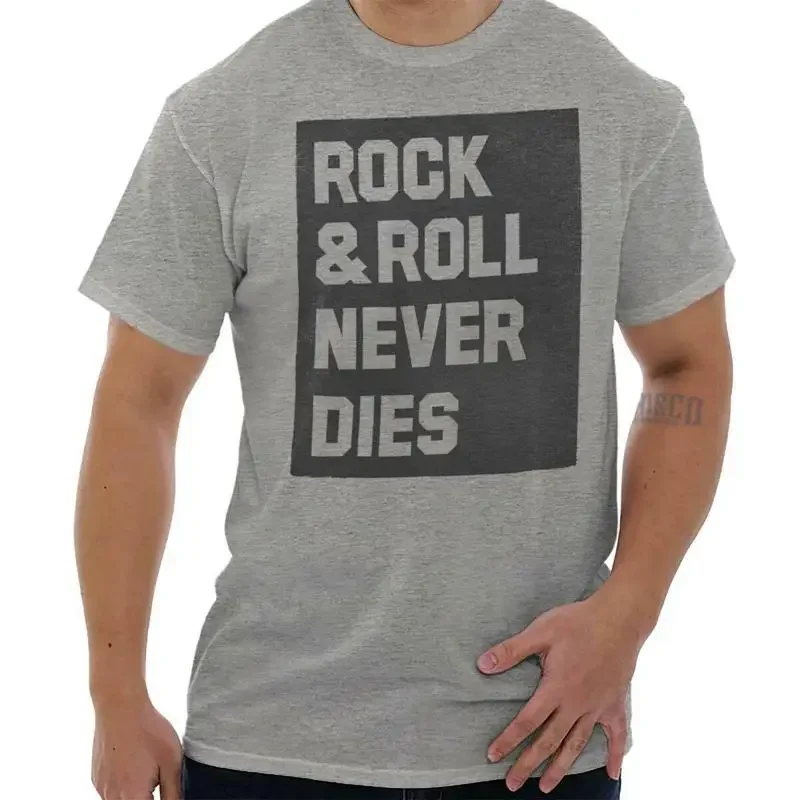 

Cool Music Song Lyric Rock N Roll Never Dies Womens or Mens Crewneck T Shirt Tee