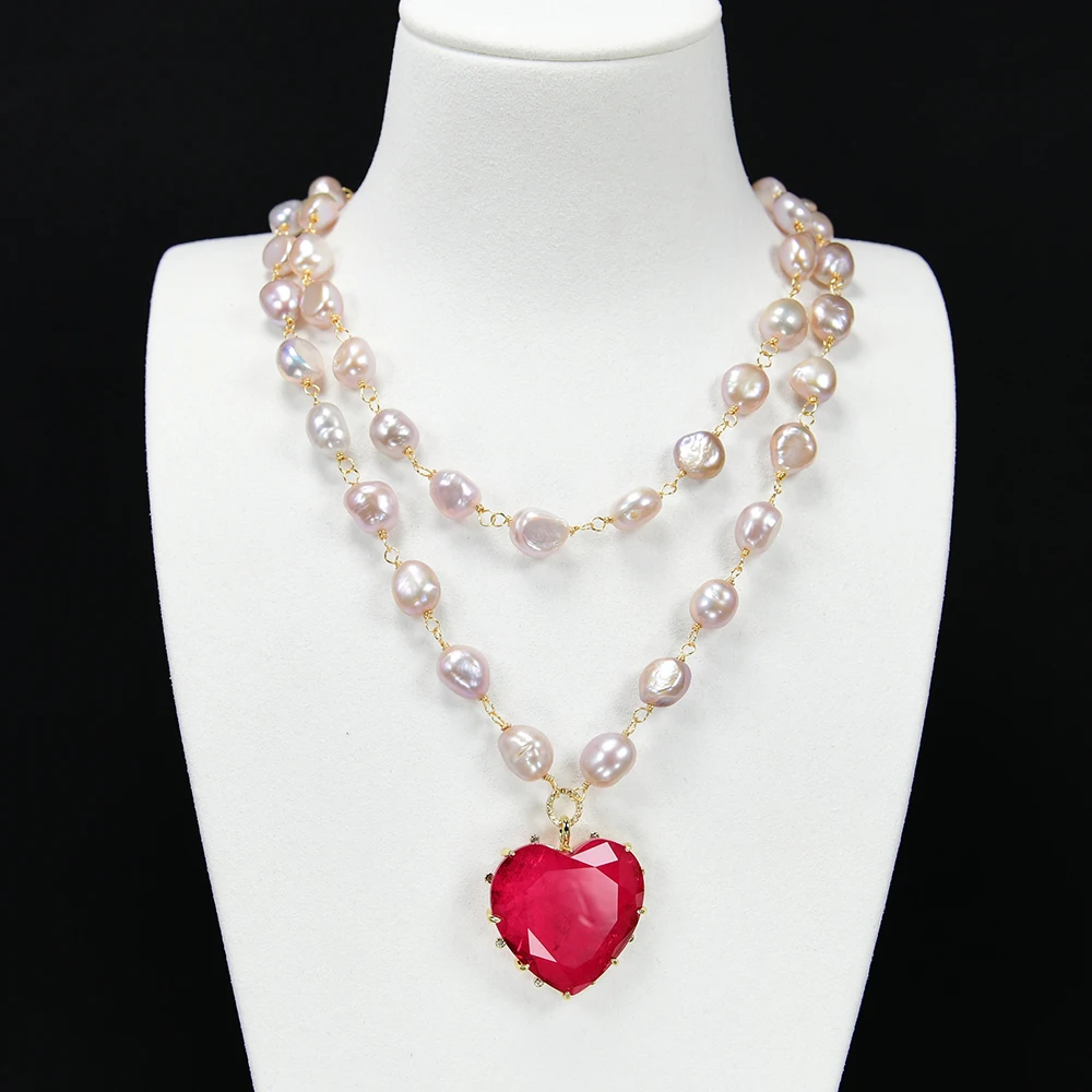 GG 2 Rows Freshwater Cultured Purple Keshi Baroque Pearl Chain Necklace Red Quartz Crystal Heart Pendant Lady Gifts