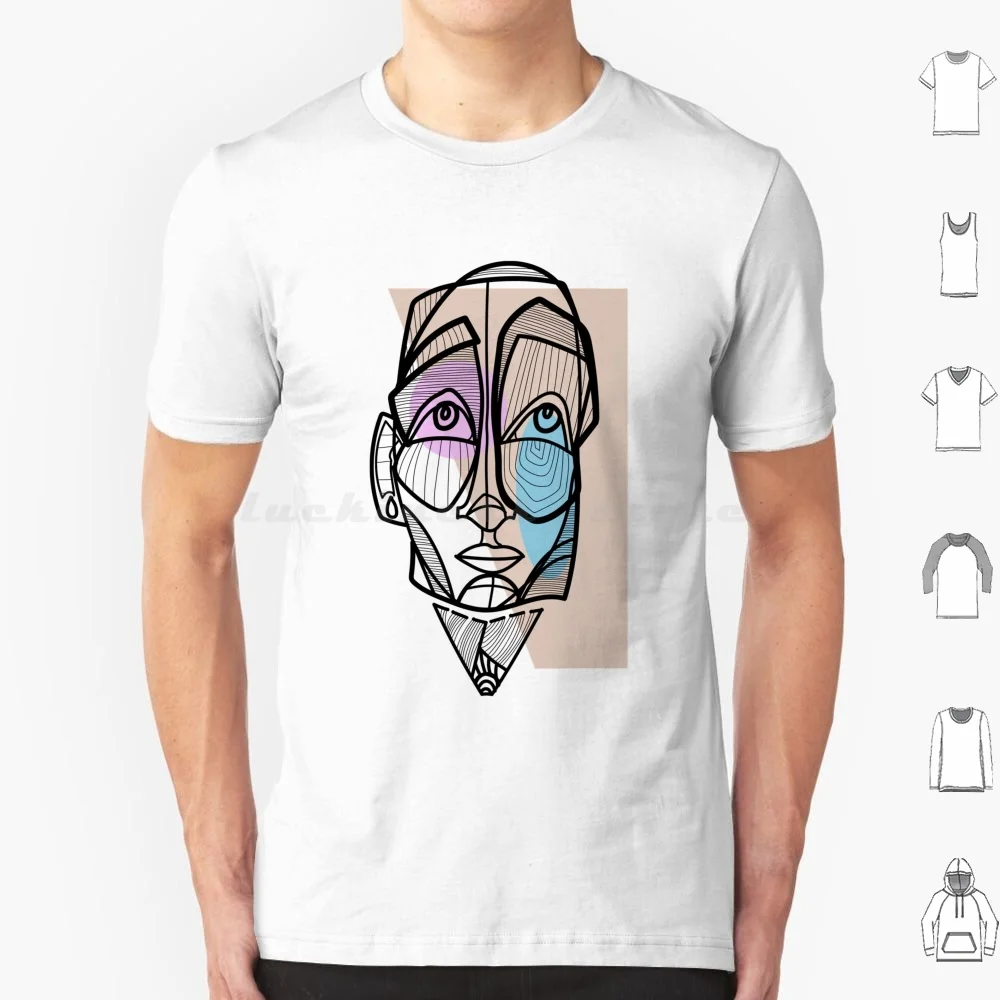 Distorted Abstract Portrait , Cubism Style , Lines Art. ( Black On Colors ) T Shirt Big Size 100% Cotton Surrealism Cubism