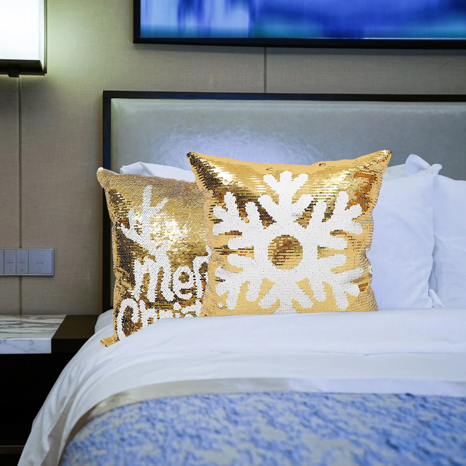 

2pcs Snowflake Pillow Cover Sequined Glitter Christmas Decorative Cushion Case For Living Room Bedroom Car Home Sofa Yard