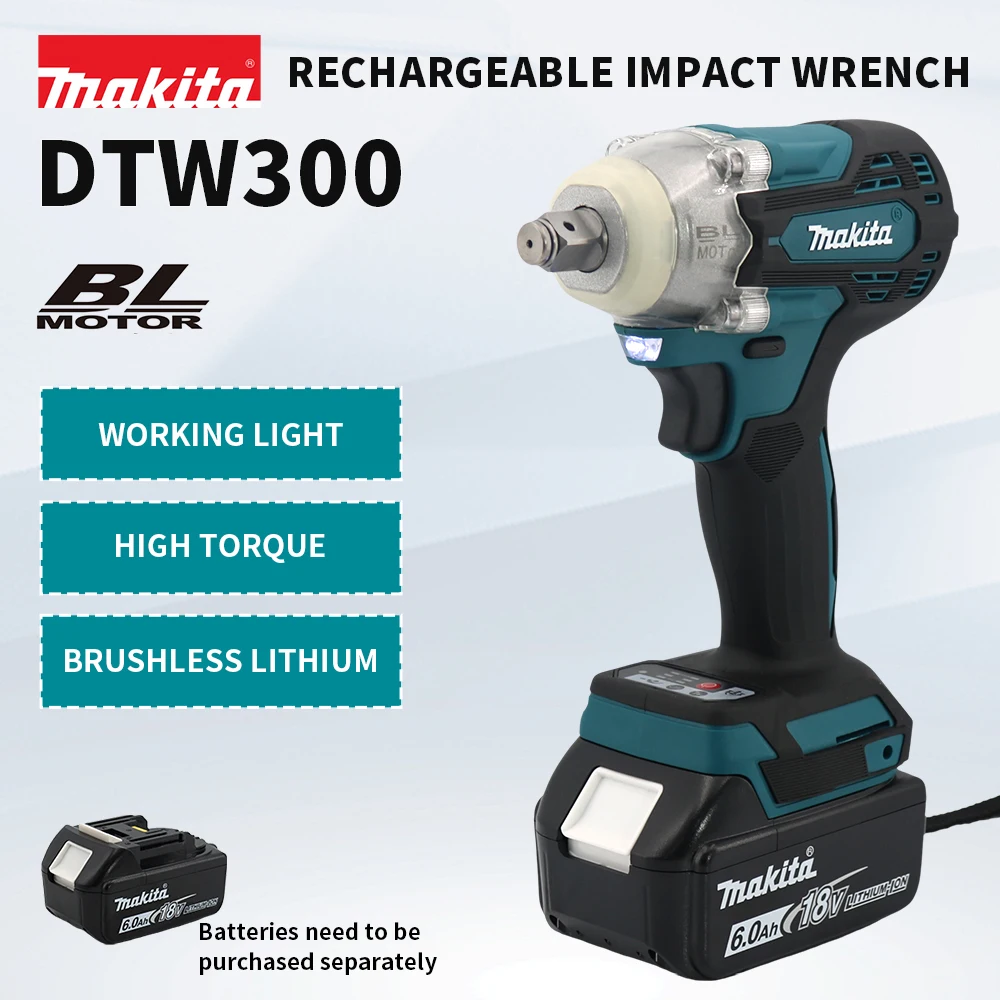 Makita DTW300 18V Tool Set Brushless Power Large Cordless Wrench 330Nm Torque Wind Cannon Remove Tire Lithium Auto Repair