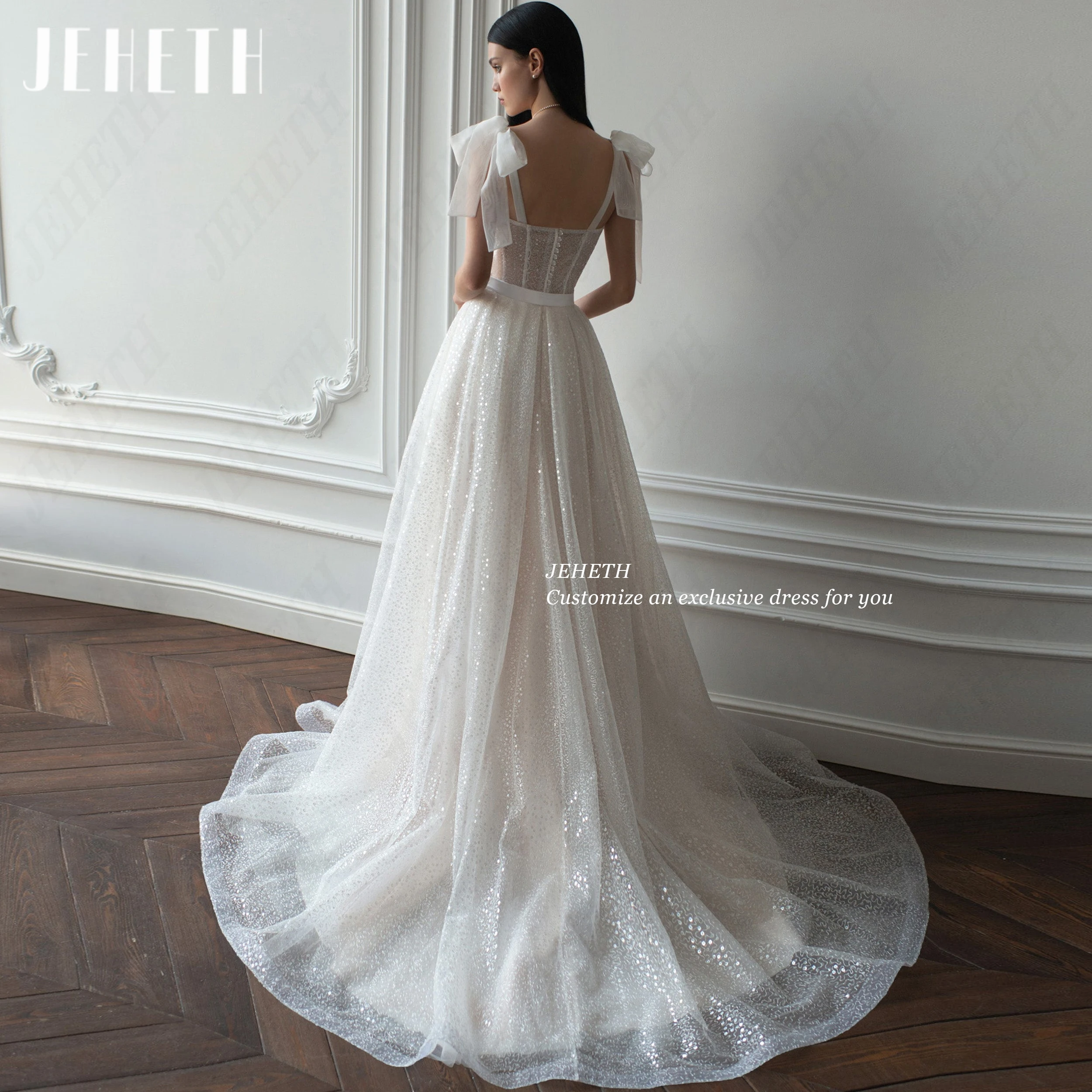 JEHETH Customized Sparkling Sequined Wedding Dress Bows Spaghetti Strap Bride Gown Illusion robe de mariee A Line Bridal Dresses