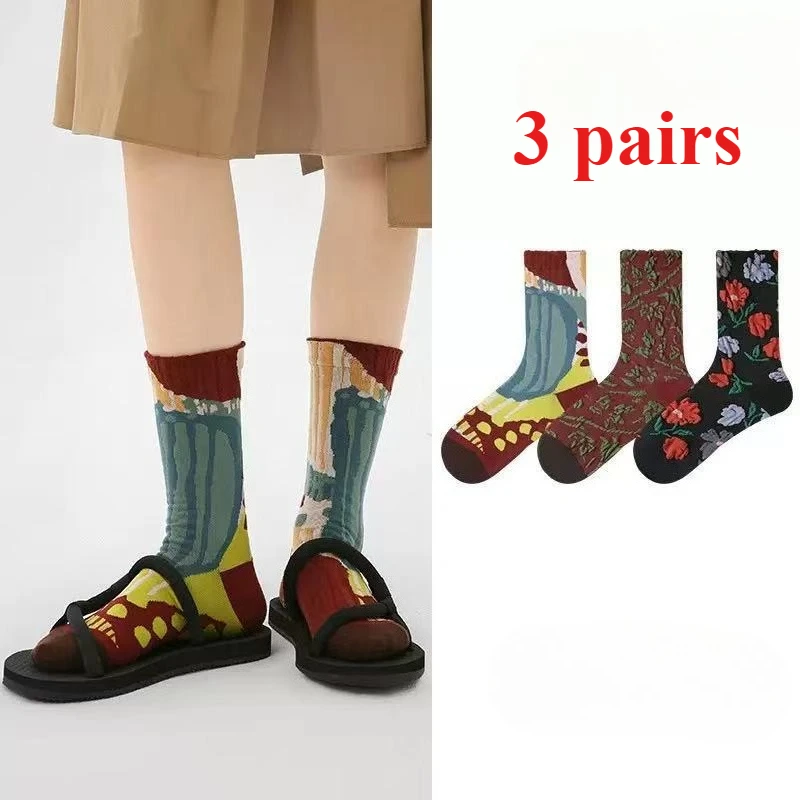 

3 Pairs Cotton Socks literary retro French tide socks autumn and winter cotton high-top Women socks wholesale