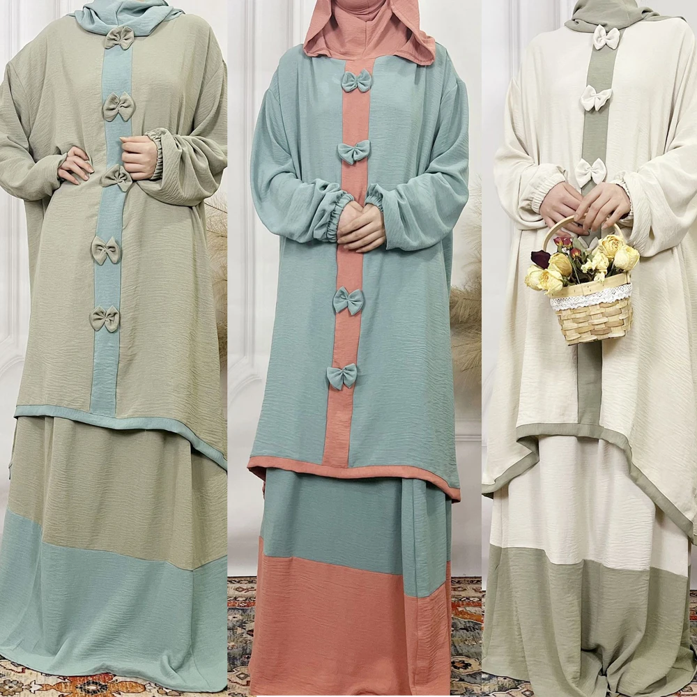 Muslim Women Bow Hooded Tops Skirt 2 Pieces Set Ramadan Islamic Clothing Dubai Outfits Arabic Abaya Turkey Kaftan Eid Djellaba