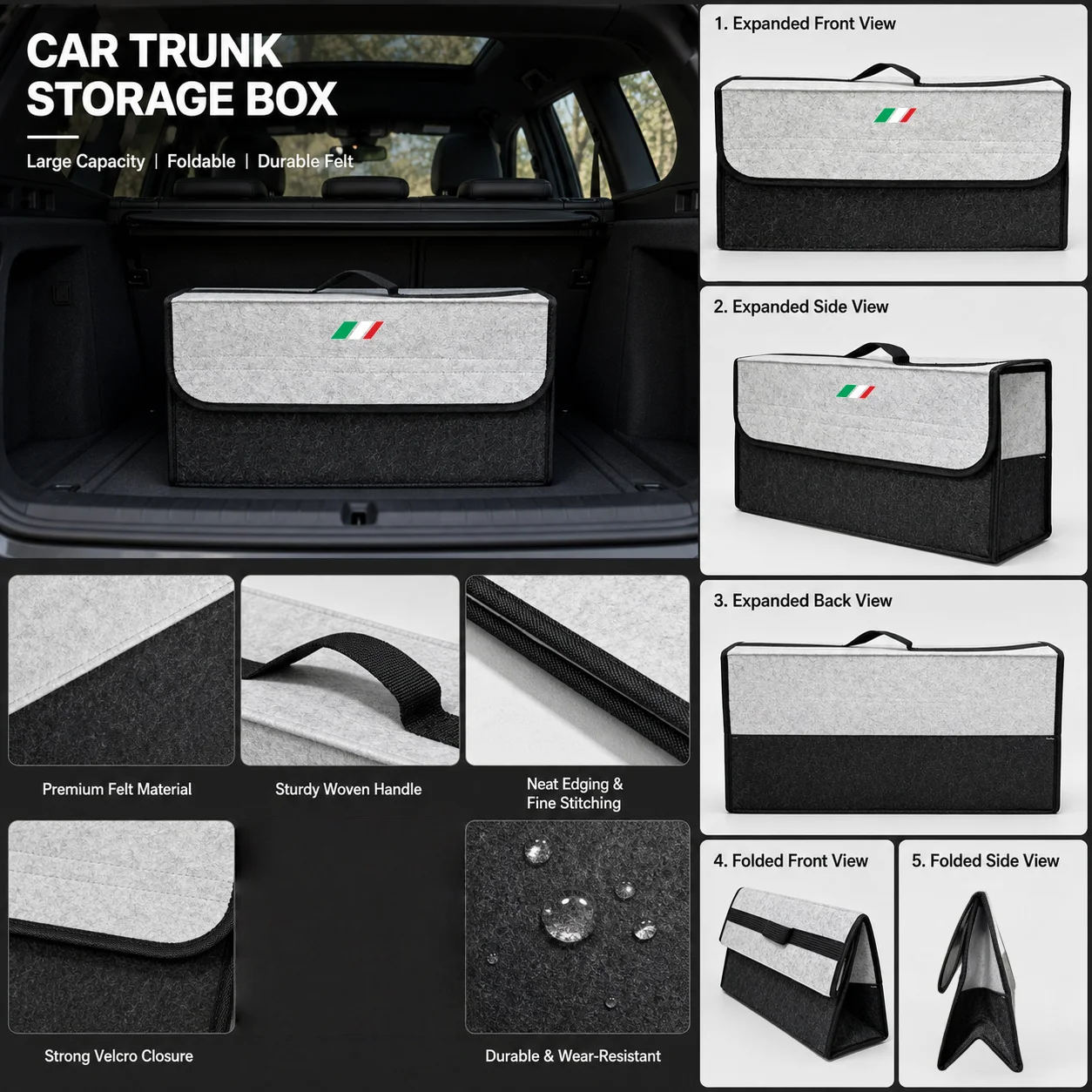 Italienische Dreifarben-Filz-Auto-Aufbewahrungsbox 50×17×24cm, Faltbare Kofferraum-Aufbewahrungsbox mit Deckel, Tragbarer Haushalts-Organizer für Kleinkram – Detail 9