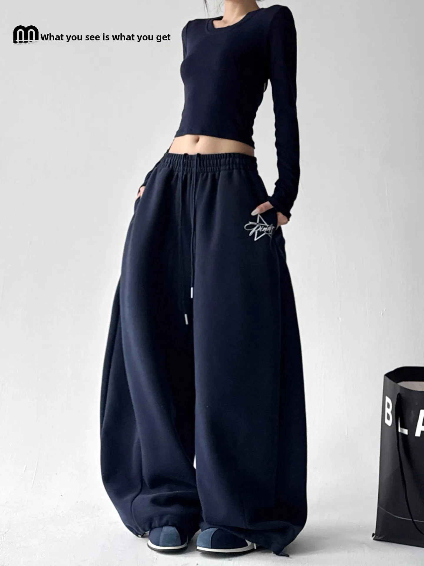 فضفاض كسول Sle واسعة الساق السراويل الرياضية المرأة k الأزرق بناطيل كاجوال Faionable كل مباراة شتاء وصول جديد #1