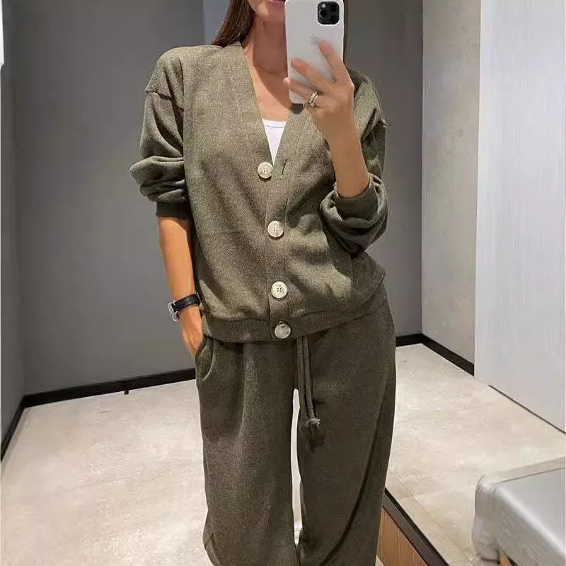 Autumn Women Knitted Two Piece Sets Single Breasted Loose Cardigan Sweaters with Sweatpants Suit Casual Solid Lady Chic Outfits