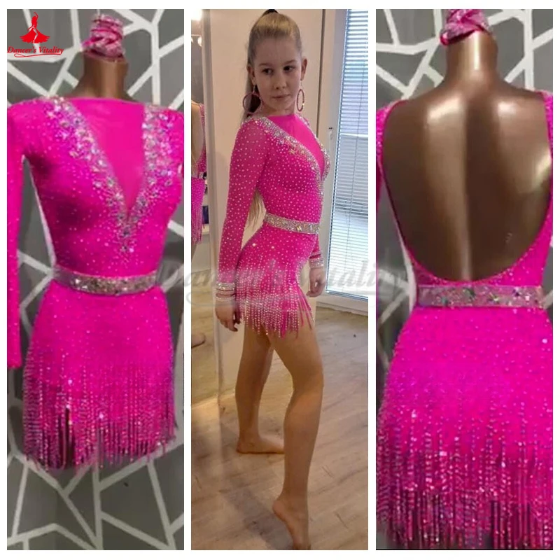 Adulto e 7-14 anos de idade dança latina mangas compridas vestidos personalização chacha samba rumba jive competição e executar roupas