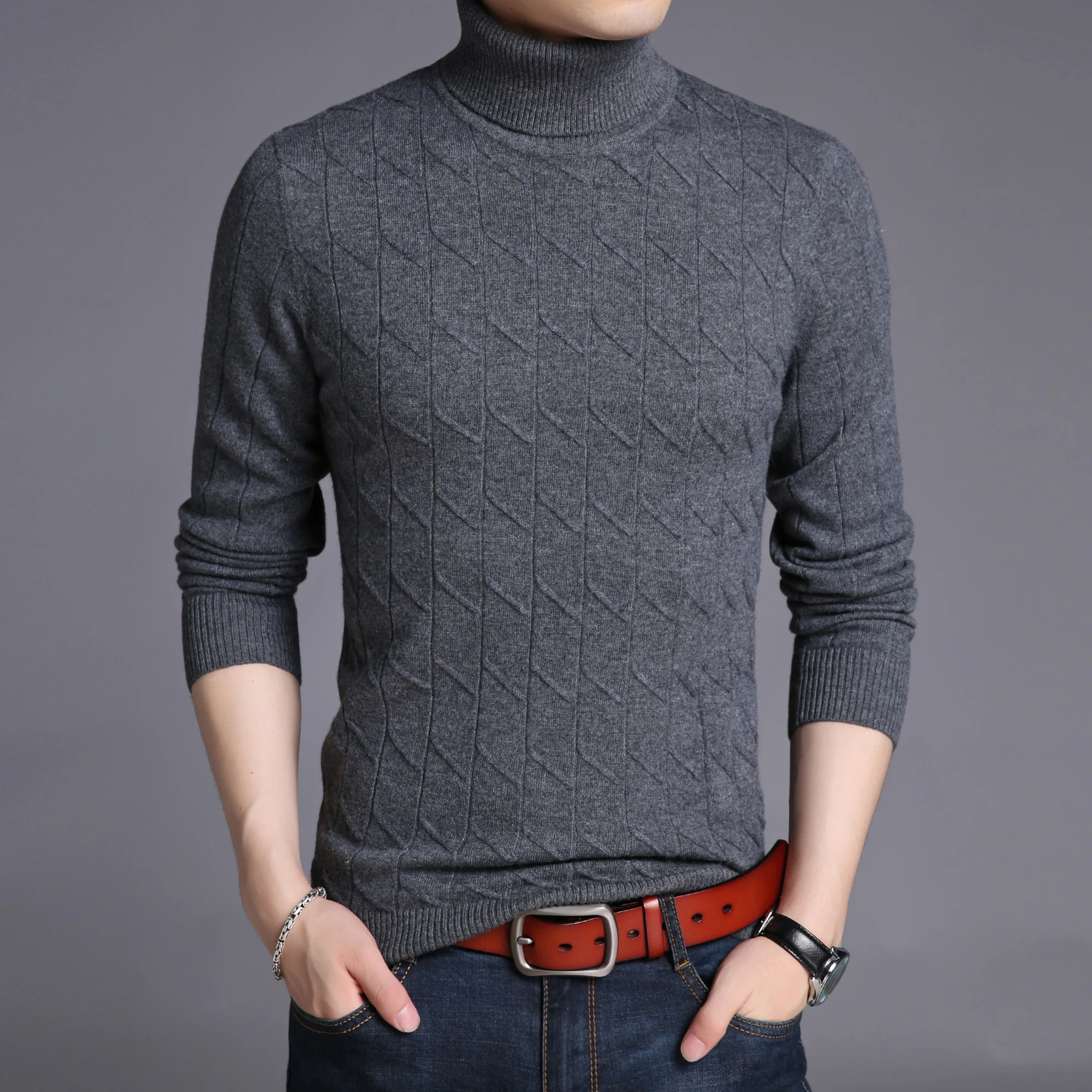 

High Collar Mens 100% Wool Sweaters Autumn & Winter Slim Fit Turtleneck Knit Clothes Male Long Sleeve Pure Wool Warm Knitwear