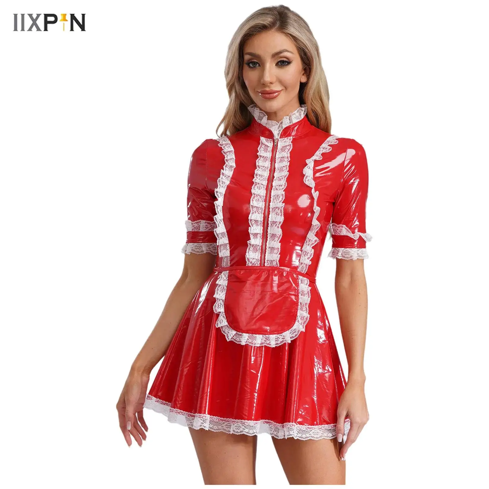 

Women Maid Uniform Dress Halloween Maid Cosplay Costume PU Leather Short Sleeve Lace Trim Lolita Dress + Apron Erotic Lingerie